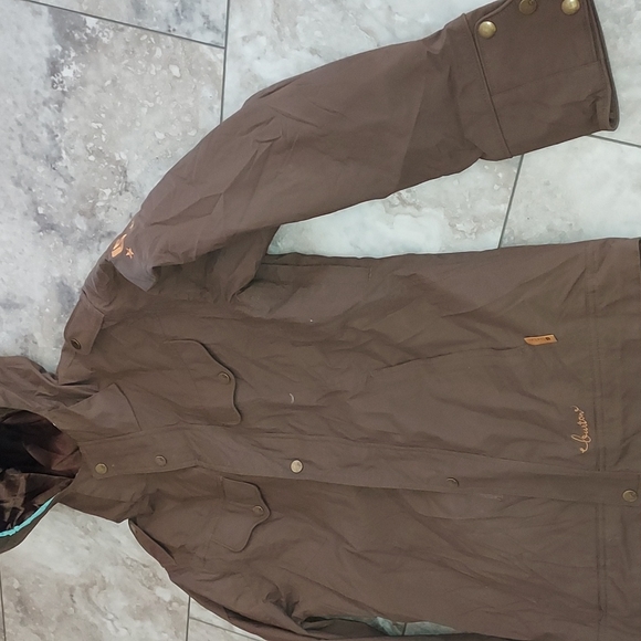 BURTON LADIES ALL WEATHER BROWN HOODED snow board JACKET SIZE LARGE - Picture 3 of 13